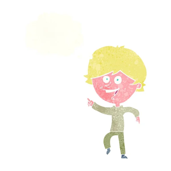 Dibujos Animados Hombre Apuntando Feliz Con Burbuja Pensamiento — Vector de stock