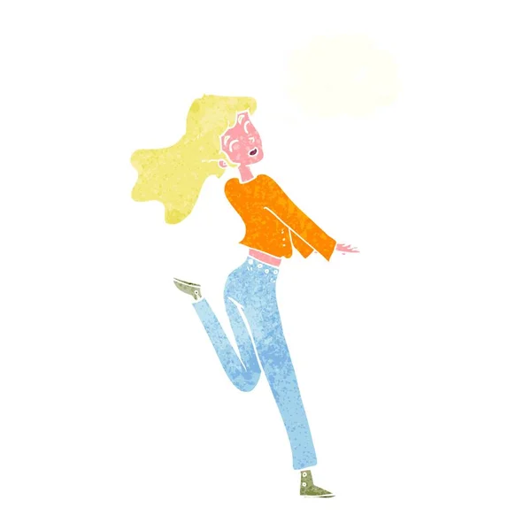Cartoon Glückliches Mädchen Kickt Bein Mit Gedankenblase Aus — Stockvektor