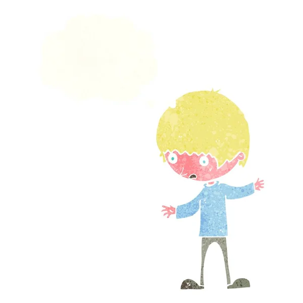 Καρτούν Αγόρι Απλωμένα Χέρια Φούσκα Σκέψης — Διανυσματικό Αρχείο