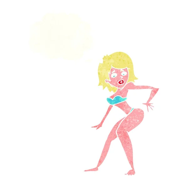 Mujer Dibujos Animados Bikini Con Burbuja Pensamiento — Vector de stock