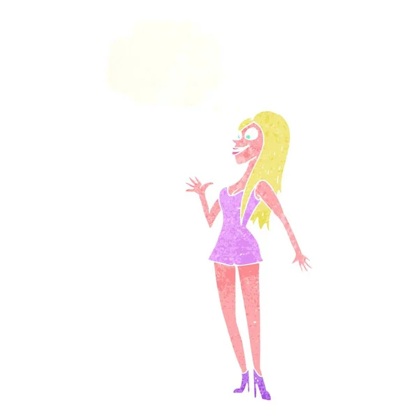 Mujer Dibujos Animados Vestido Rosa Con Burbuja Pensamiento — Vector de stock
