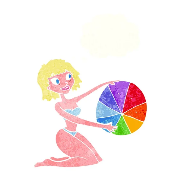 Bikini Dibujos Animados Chica Con Bola Playa Con Burbuja Pensamiento — Vector de stock