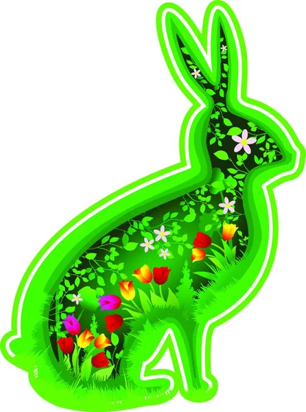 Stiliserad Kaninsiluett Blad Och Blommor Mot Bakgrund Siluetten Kanin Hare — Stock vektor