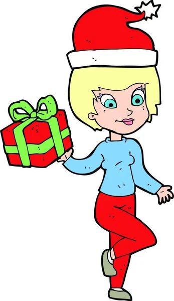 Cartoon Frau Mit Weihnachtsgeschenk — Stockvektor