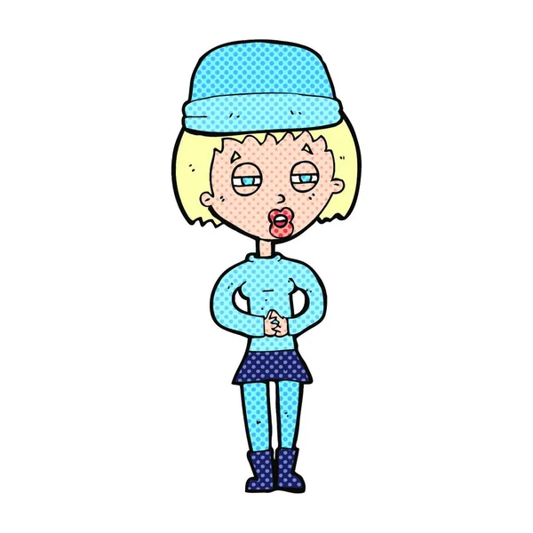 Mulher Dos Desenhos Animados Usando Chapéu Inverno —  Vetores de Stock