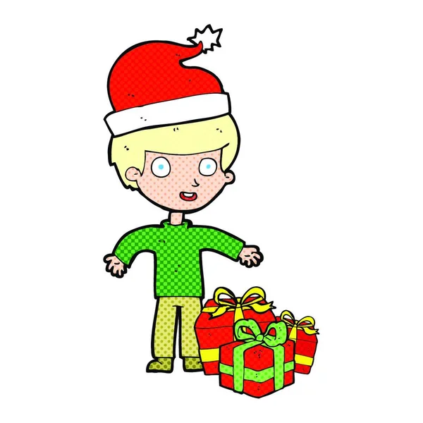 卡通男孩带着圣诞礼物 — 图库矢量图片