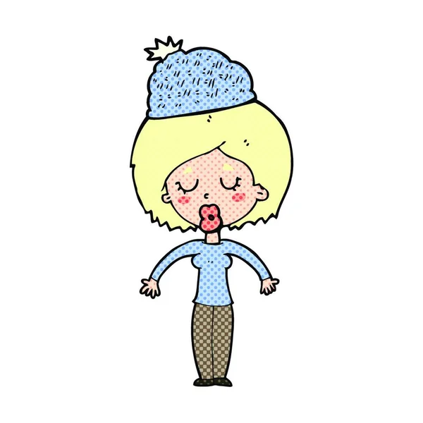 Κινουμένων Σχεδίων Γυναίκα Φορώντας Καπέλο Χειμώνα — Διανυσματικό Αρχείο