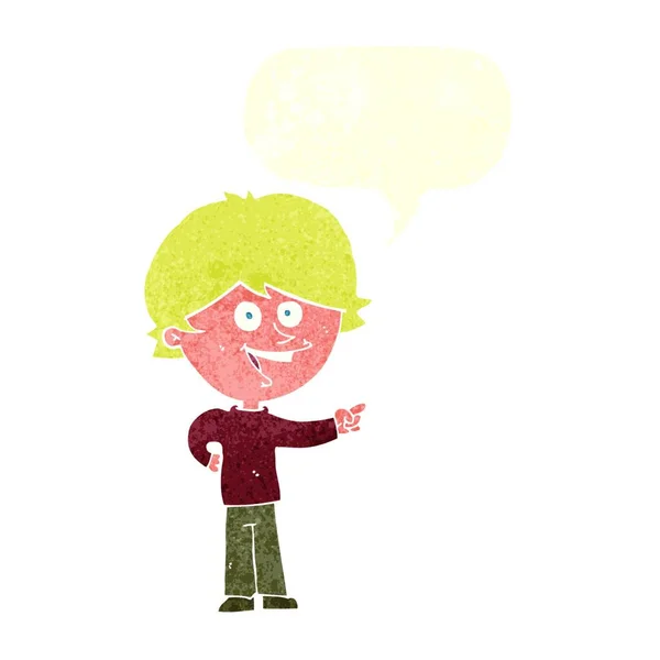 Kreskówkowy Chłopiec Śmiejąc Się Wskazując Bańki Mowy — Wektor stockowy