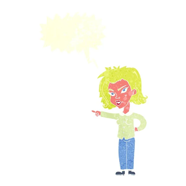 Dessin Animé Femme Pointant Avec Bulle Parole — Image vectorielle