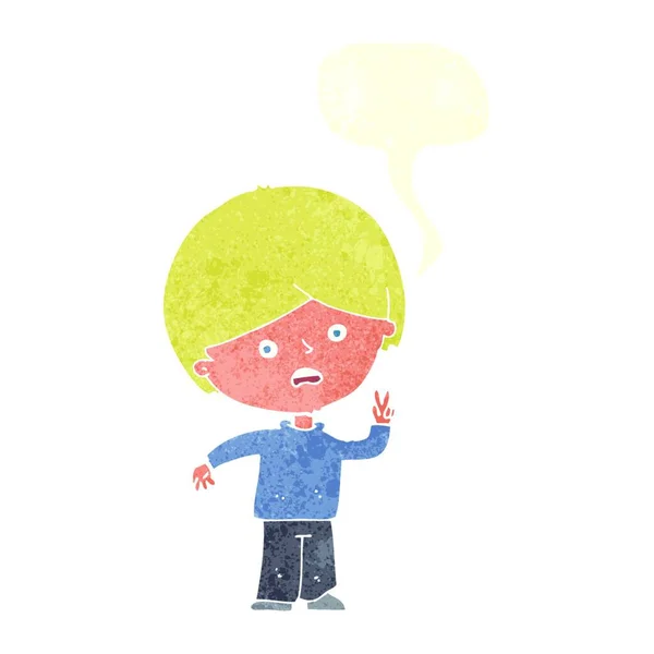 Karikatur Unglücklicher Junge Gibt Friedenszeichen Mit Sprechblase — Stockvektor
