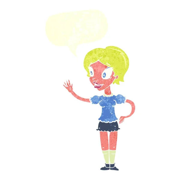 Dibujos Animados Mujer Ondeando Con Burbuja Del Habla — Vector de stock