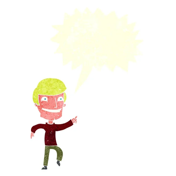 Karikatur Glücklicher Mann Zeigt Mit Sprechblase — Stockvektor