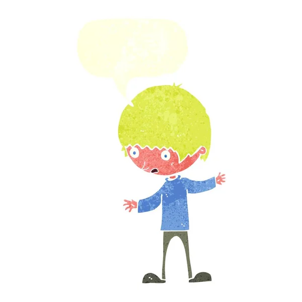 Cartoon Junge Mit Ausgestreckten Armen Mit Sprechblase — Stockvektor