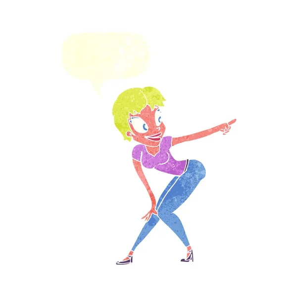 Dessin Animé Jolie Femme Pointant Avec Bulle Parole — Image vectorielle