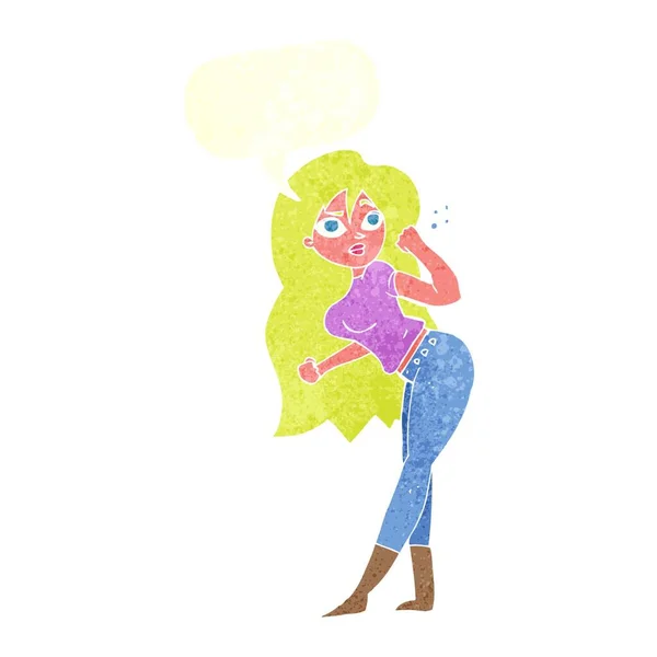 Mujer Dibujos Animados Levantando Puño Con Burbuja Habla — Vector de stock