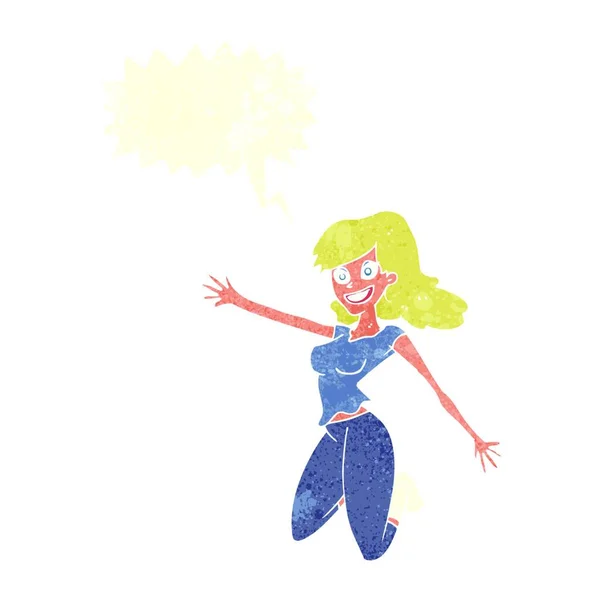 Cartoon Springende Frau Mit Sprechblase — Stockvektor