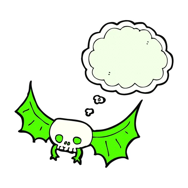 Cartone Animato Spaventoso Cranio Pipistrello Con Bolla Pensiero — Vettoriale Stock