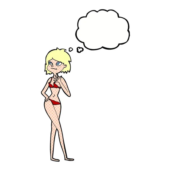 Cartoon Vrouw Bikini Met Gedachte Bubble — Stockvector