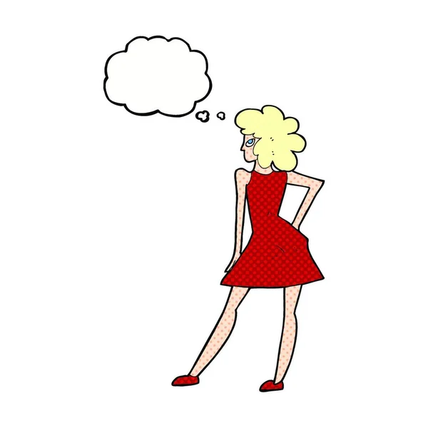 Mujer Dibujos Animados Posando Vestido Con Burbuja Pensamiento — Vector de stock