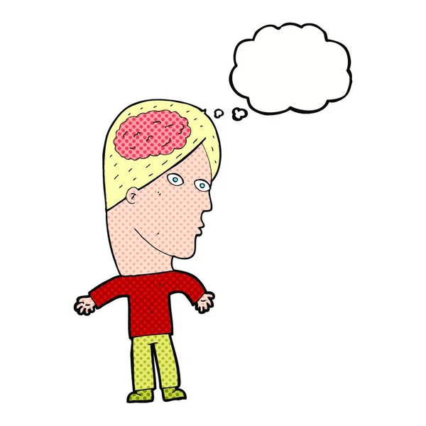Dessin Animé Homme Avec Symbole Cerveau Avec Bulle Pensée — Image vectorielle
