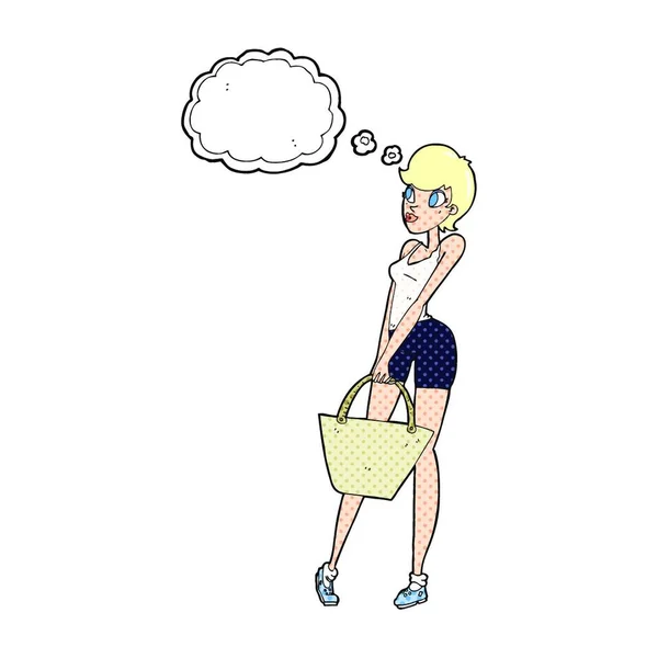 Cartone Animato Attraente Donna Shopping Con Bolla Pensiero — Vettoriale Stock