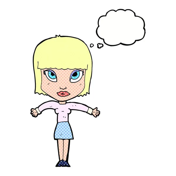 Cartoon Vrouw Shrugging Met Gedachte Zeepbel — Stockvector