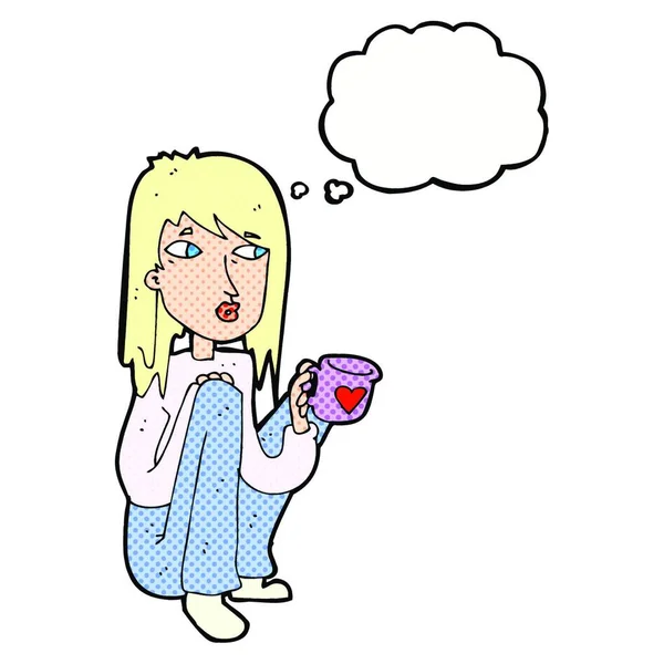 漫画の女性は思考バブルとコーヒーのカップと座って — ストックベクタ