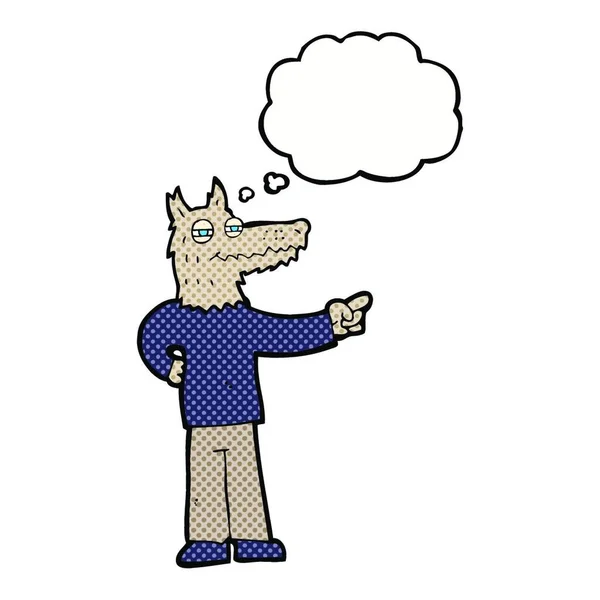 Desenho Animado Apontando Lobo Homem Com Bolha Pensamento — Vetor de Stock