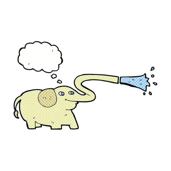 Elefante Del Fumetto Spruzzando Acqua Con Bolla Pensiero — Vettoriale Stock