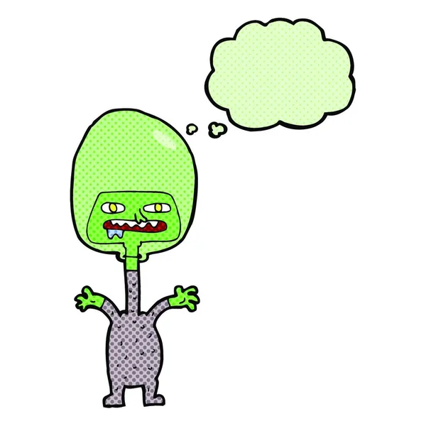 Cartoon Ruimte Alien Met Gedachte Zeepbel — Stockvector