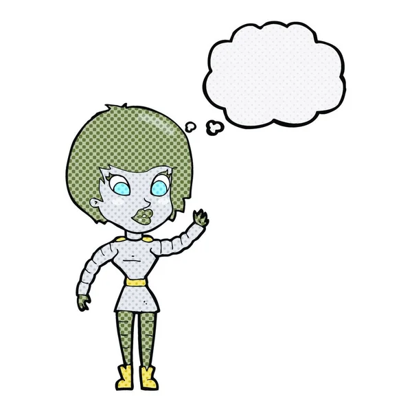 Robot Dibujos Animados Mujer Ondeando Con Burbuja Pensamiento — Vector de stock