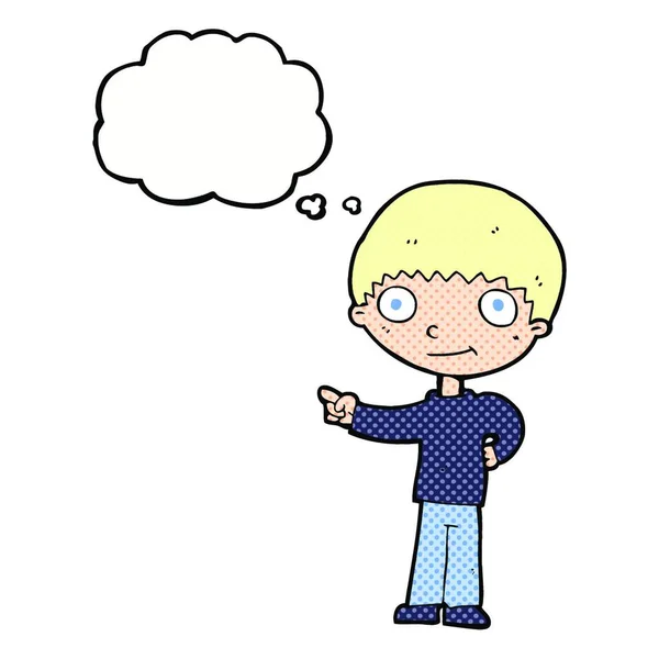 Karikatur Glücklicher Junge Zeigt Mit Gedankenblase — Stockvektor