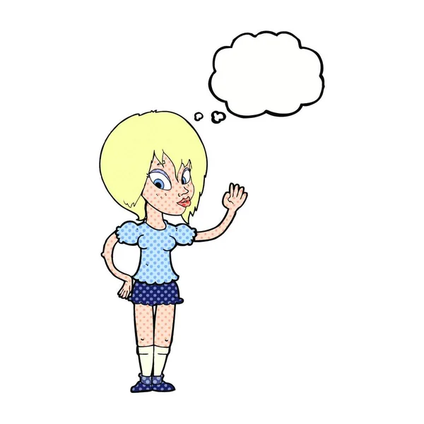 思考の泡で手を振っている漫画の可愛い女性 — ストックベクタ