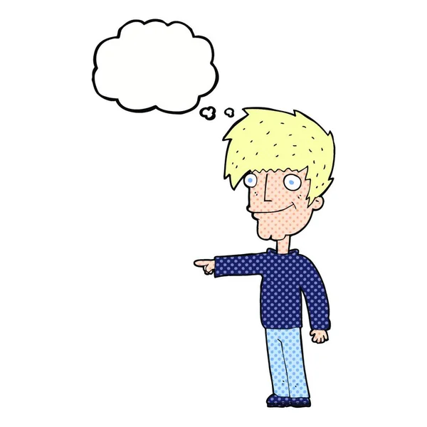 Karikatur Glücklicher Mann Zeigt Mit Gedankenblase — Stockvektor