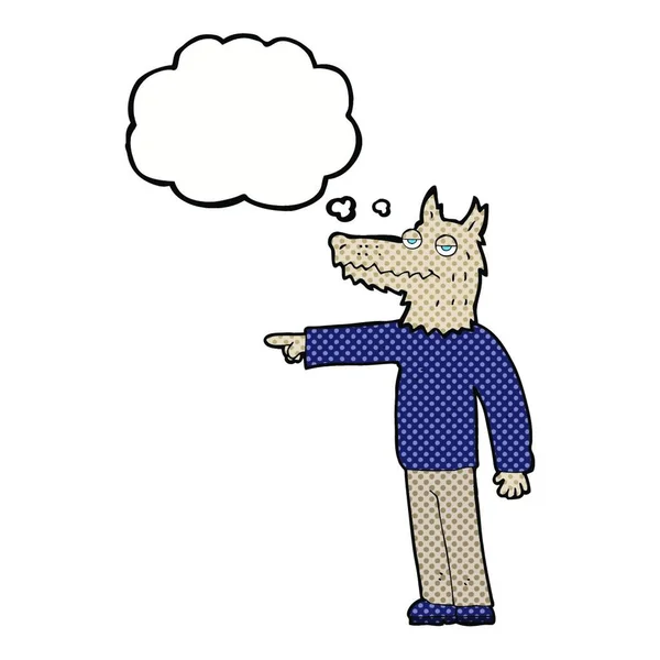 Cartoon Wolf Mann Zeigt Mit Gedankenblase — Stockvektor