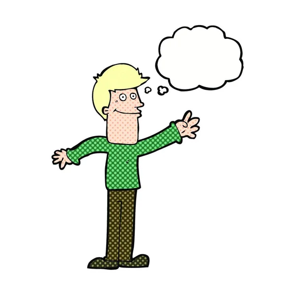 Dibujos Animados Hombre Feliz Agitando Con Burbuja Pensamiento — Vector de stock