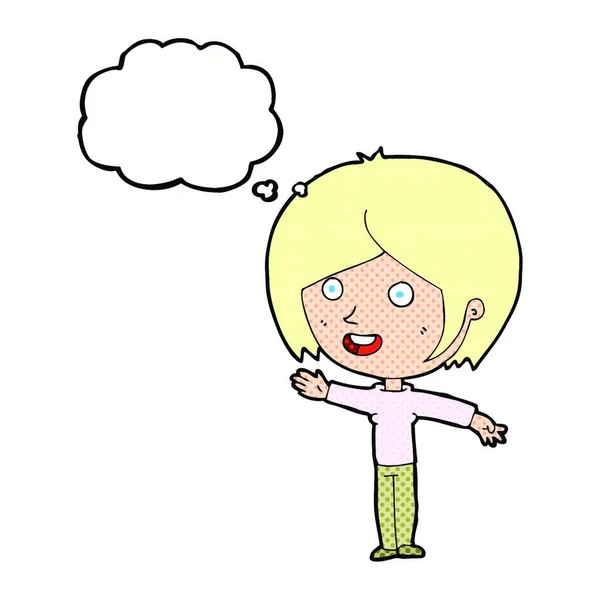 Karikatur Glückliches Mädchen Winkt Mit Gedankenblase — Stockvektor