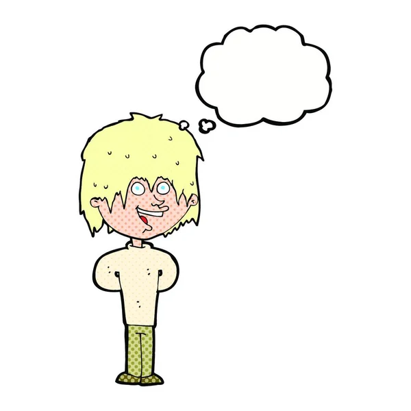 Karikatur Glücklicher Skrupelloser Junge Mit Gedankenblase — Stockvektor