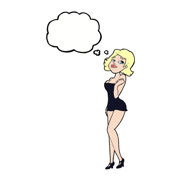 漫画の魅力的な女性で短いドレスで考えバブル — ストックベクタ