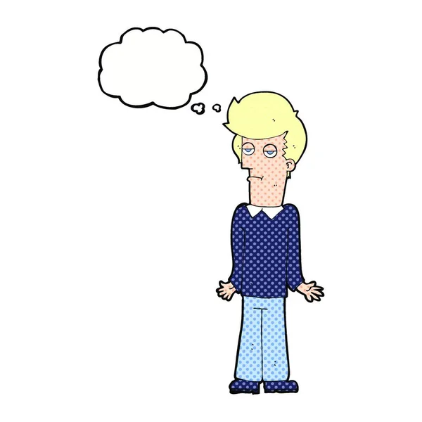 Hombre Aburrido Dibujos Animados Encogiéndose Hombros Con Burbuja Pensamiento — Vector de stock