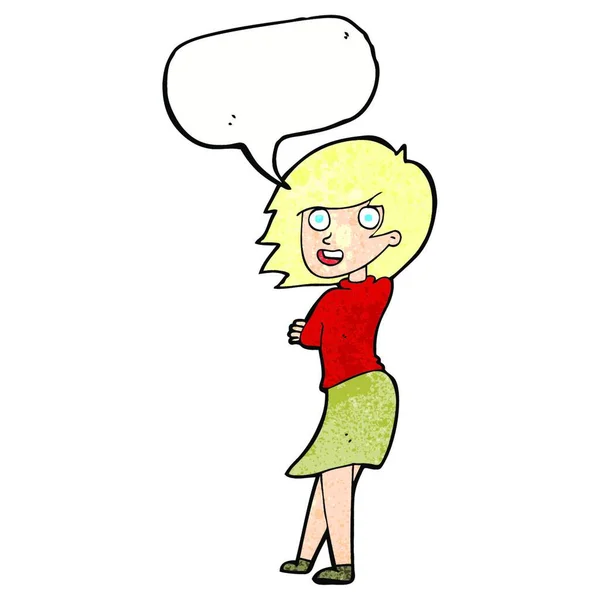 Cartoon Gelukkig Vrouw Met Spraak Zeepbel — Stockvector
