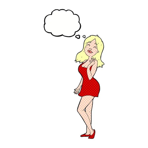 Cartoon Vacker Kvinna Cocktail Klänning Med Tankebubbla — Stock vektor