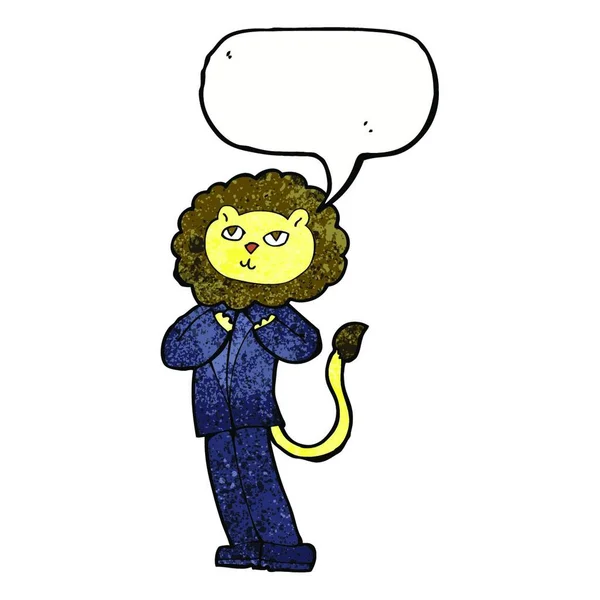 Dessin Animé Lion Homme Affaires Avec Bulle Parole — Image vectorielle
