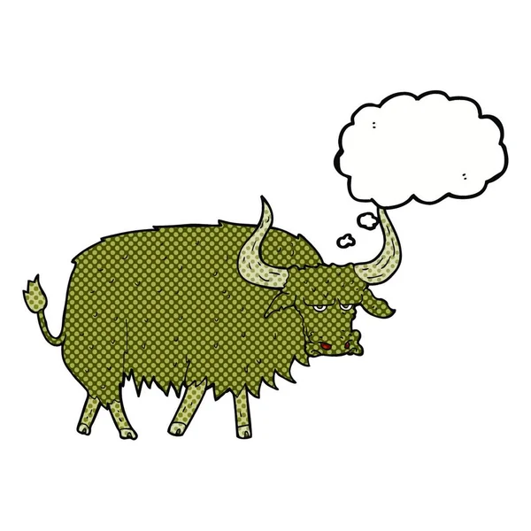 Dibujos Animados Vaca Peluda Molesta Con Burbuja Pensamiento — Vector de stock