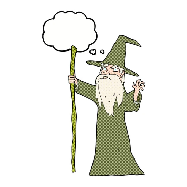 Vieux Magicien Dessin Animé Avec Bulle Pensée — Image vectorielle