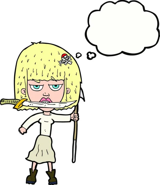 Mujer Dibujos Animados Con Cuchillo Arpón Con Burbuja Pensamiento — Vector de stock