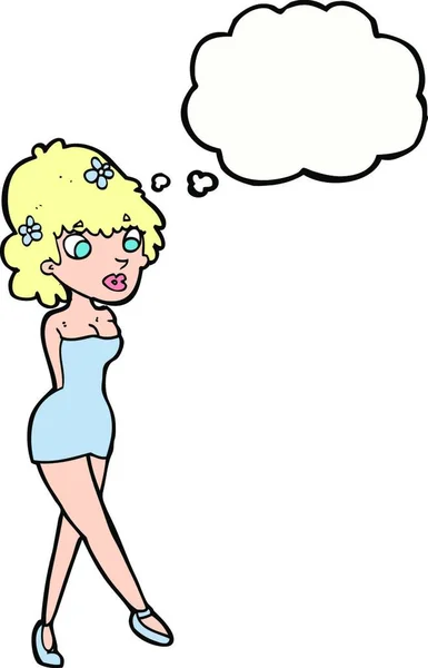 漫画の女性は考えバブルで服を着てポーズ — ストックベクタ