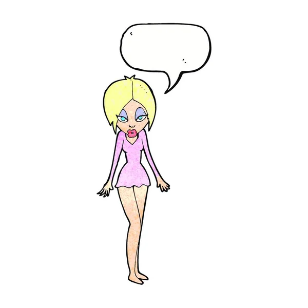 Mujer Dibujos Animados Vestido Corto Con Burbuja Habla — Vector de stock