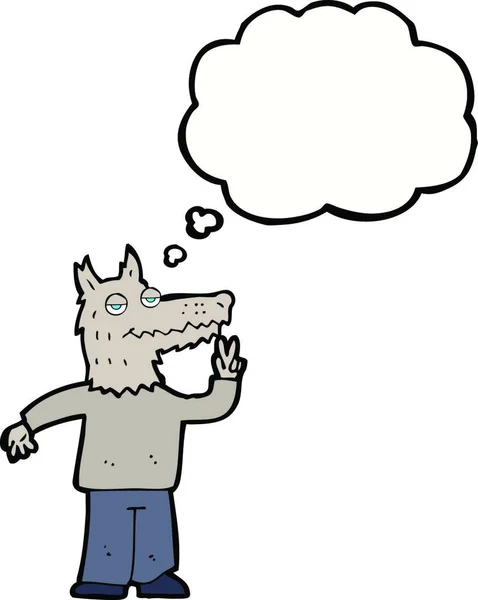 Karikatur Glücklicher Wolf Mann Mit Gedankenblase — Stockvektor