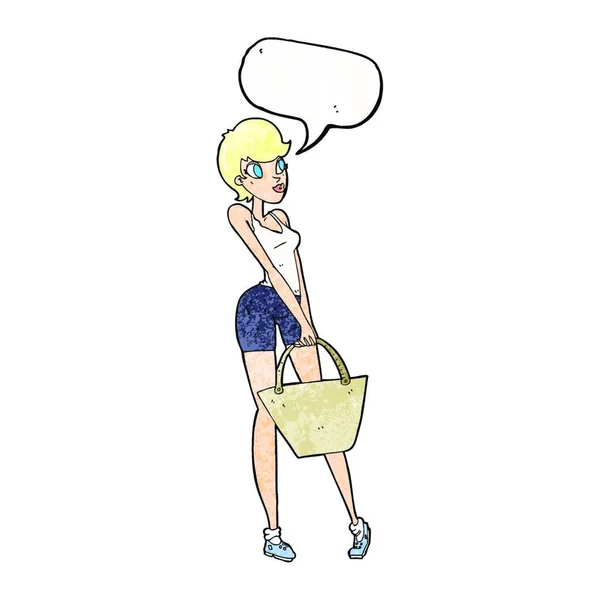 Cartoon Attraktive Frau Beim Einkaufen Mit Sprechblase — Stockvektor